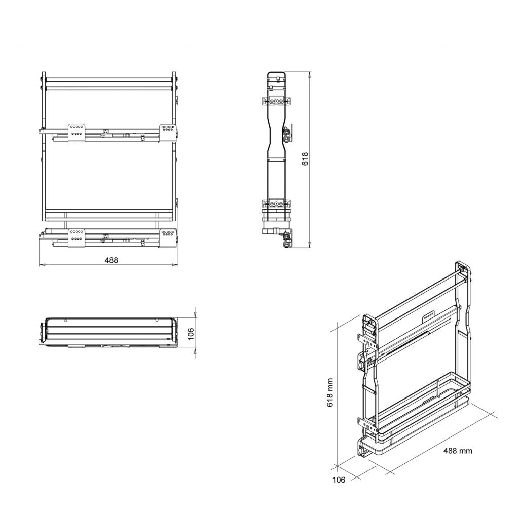 Fileur porte-torchon en fils carré gris avec fond en bois mélaminé gris pour meuble de 150mm - glissière à gauche - sortie totale avec système SOFT