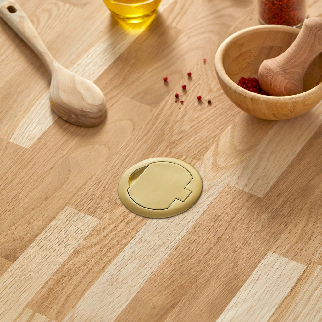 Bloc prise + USB (1A - 5V) affleurant RING à clapet avec système d'assistance à l'ouverture et à la fermeture à encastrer dans un plan de travail de 5 à 45mm - finition or mat- 16A - 230V - 2P+T