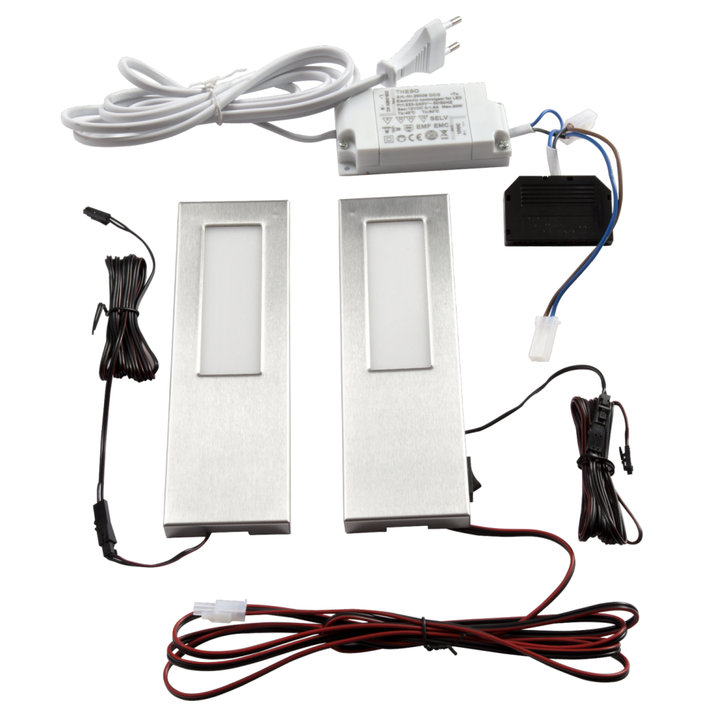 Kit de 2 profils LED (200 x 60 x 13) dont 1 avec interrupteur à bouton poussoir et 1 convertisseur - finition inox brossé - puissance 5,2W / 400lm - 12VDC - 3000K