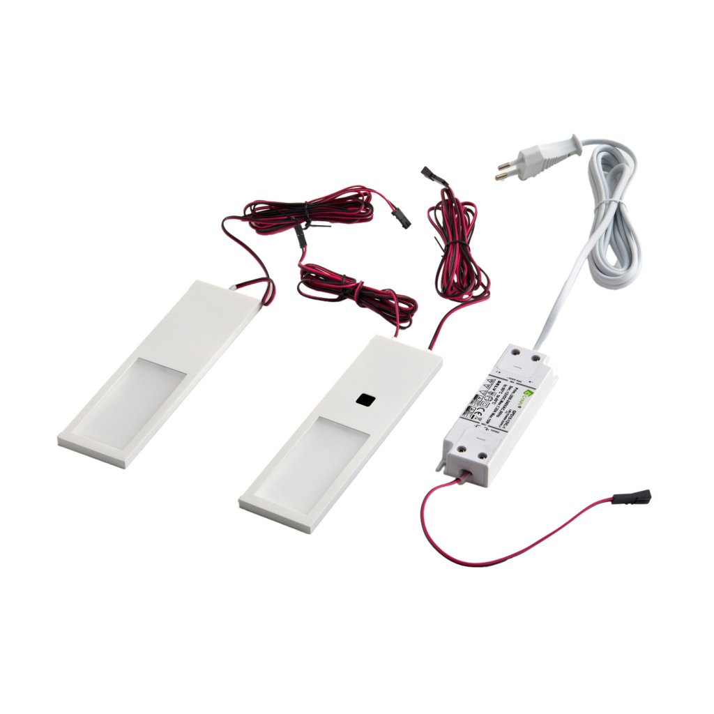 Kit de 2 profils LED extra-plats (175 x 50 x 7) dont 1 avec interrupteur et 1 convertisseur - finition blanc mat - puissance 4W / 240lm - 12VDC - 4000K