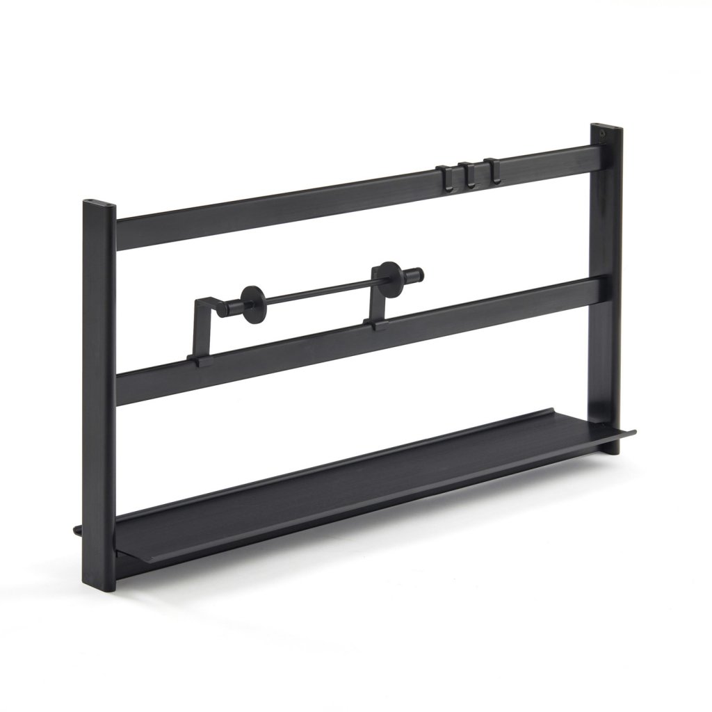 Kit étagère de crédence en aluminium composé d'1 structure, d'1 étagère de 550mm de largeur, d'1 porte-rouleau et de 3 crochets - L. 600 x P. 140 x H. 421mm - finition noir mat