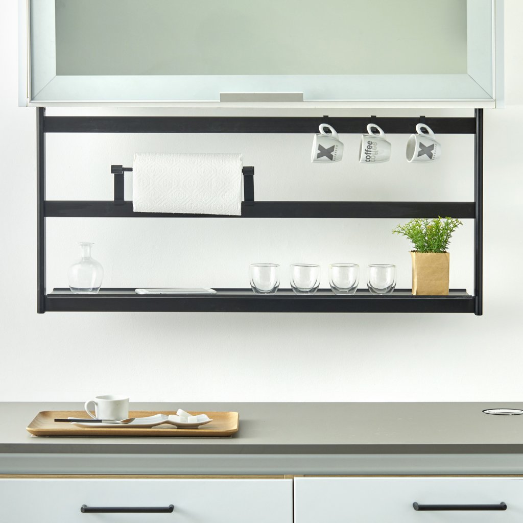 Kit étagère de crédence en aluminium composé d'1 structure, d'1 étagère de 550mm de largeur, d'1 porte-rouleau et de 3 crochets - L. 600 x P. 140 x H. 421mm - finition noir mat