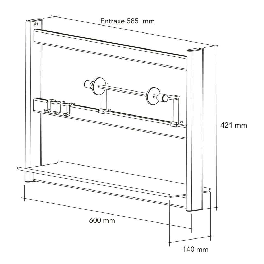 Kit étagère de crédence en aluminium composé d'1 structure, d'1 étagère de 550mm de largeur, d'1 porte-rouleau et de 3 crochets - L. 600 x P. 140 x H. 421mm - finition noir mat