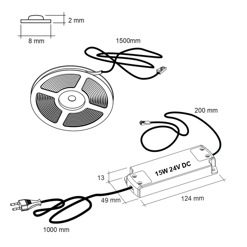Kit LED COB flexible en rouleau de 2,5m avec son convertisseur 15W et son câble d'alimentation de 1m - 3000K (blanc chaud) -5W/m