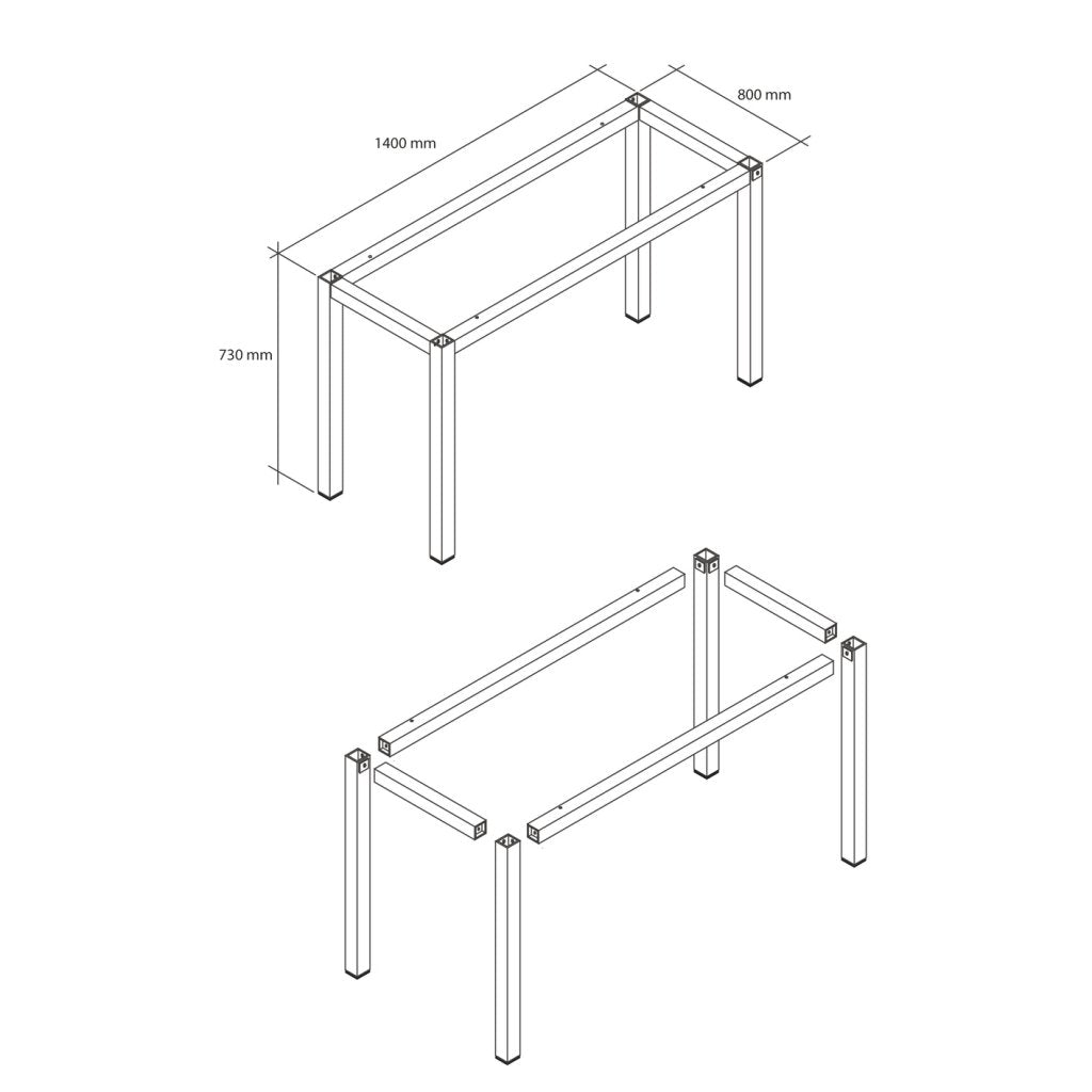 Kit pour structure de table- Composé de 4 pieds, 2 traverses, 2 longerons- Longueur 1400mm- Finition noir mat