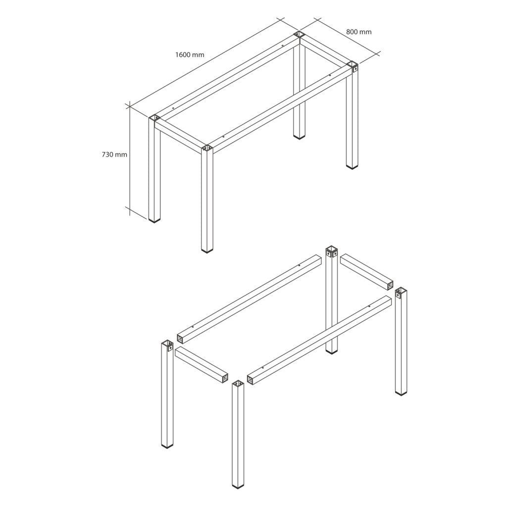 Kit pour structure de table- Composé de 4 pieds, 2 traverses, 2 longerons- Longueur 1600mm- Finition noir mat