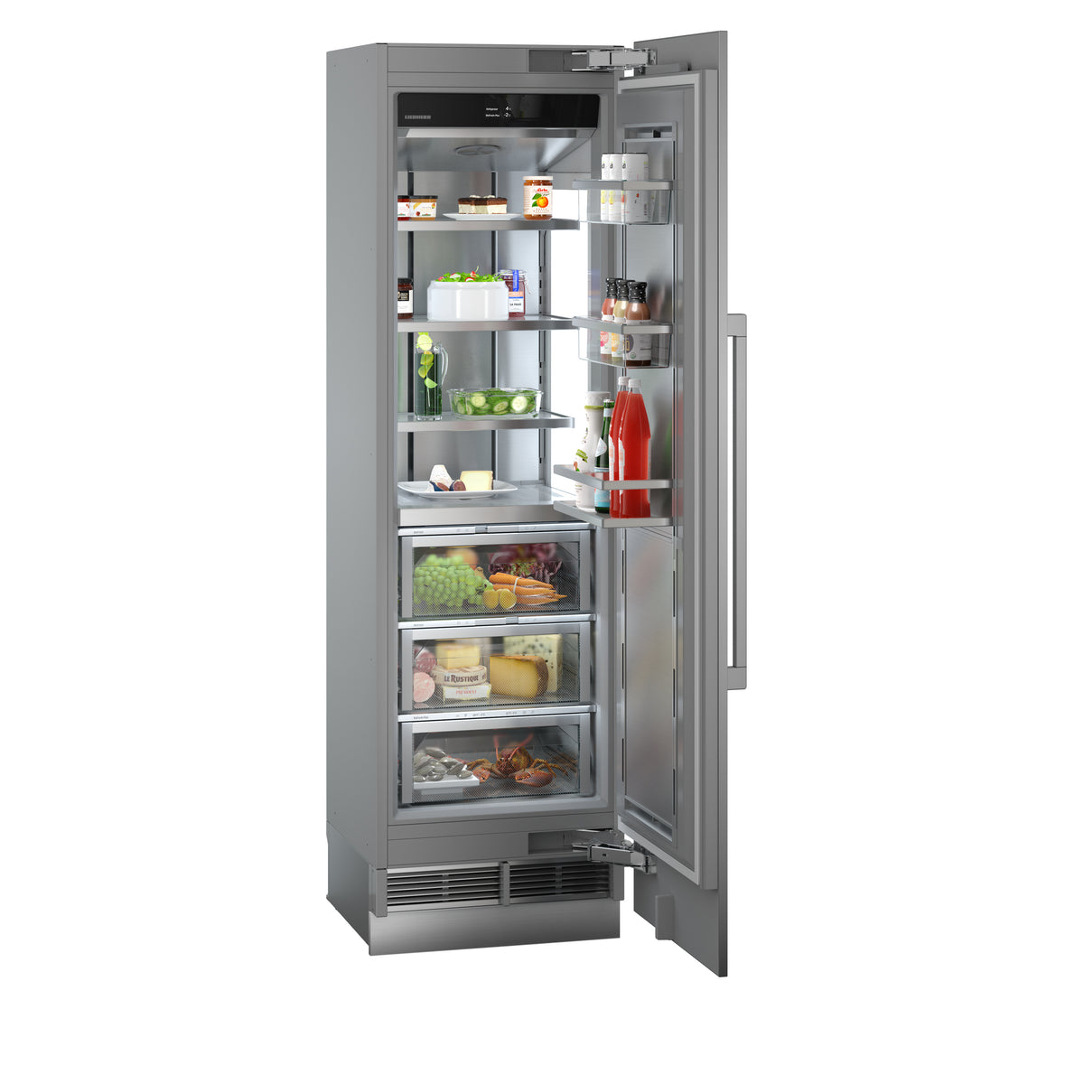 Réfrigérateur Liebherr Monolith ERBdi 9670 ouvert de trois quarts, garni