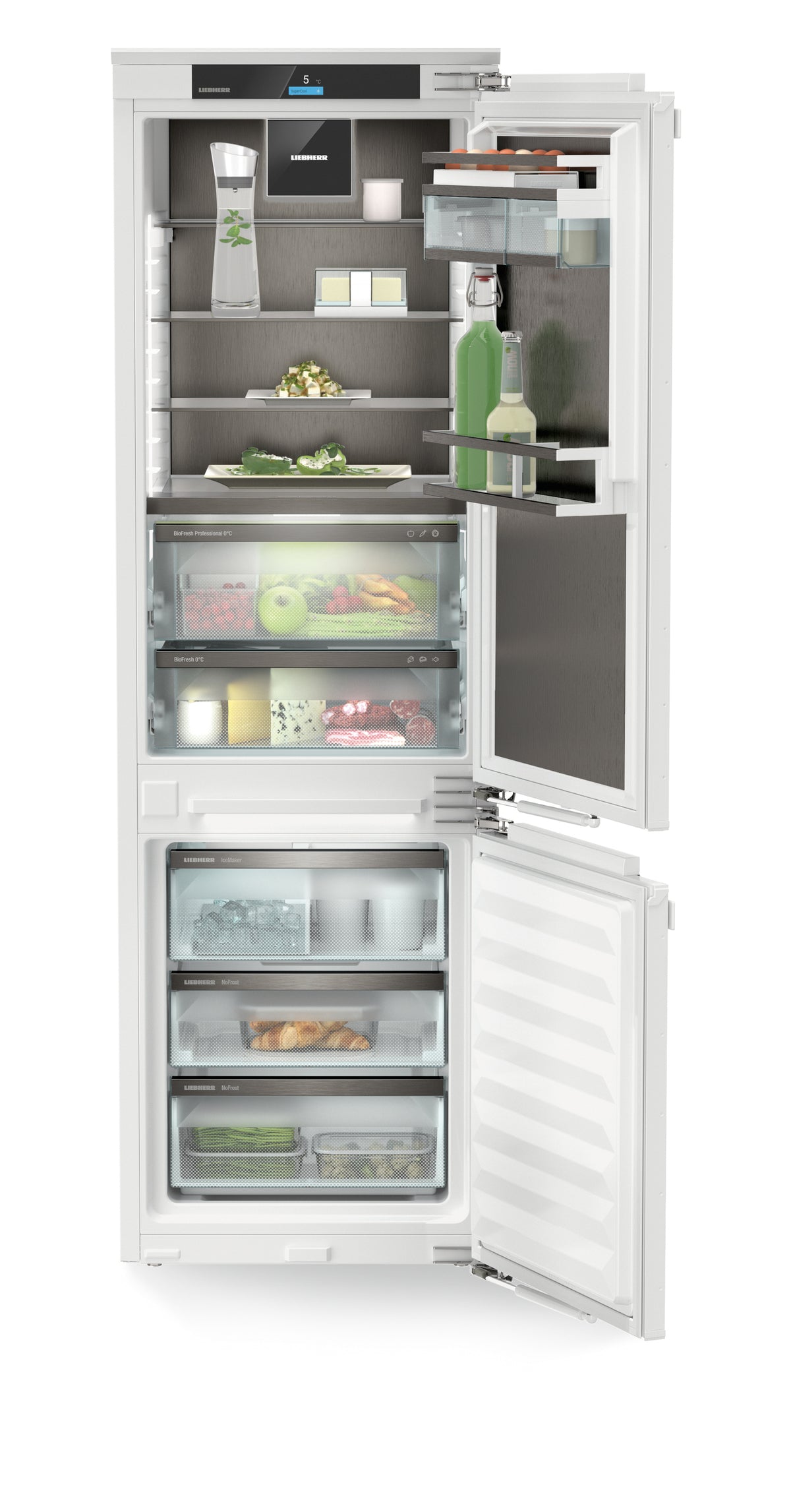 Combiné encastrable Liebherr ICBNcx 5173 ouvert, garni, intérieur BlackSteel