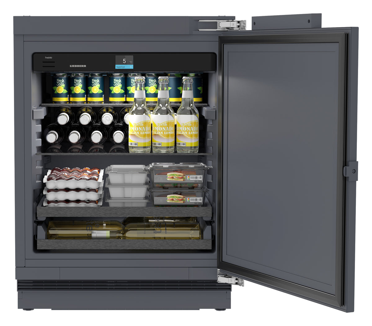 Réfrigérateur d’extérieur Liebherr UORpr 365i ouvert, garni de boissons