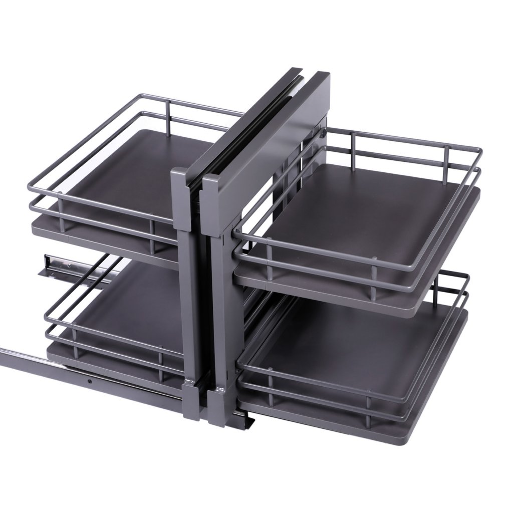 Aménagement de meuble d'angle réversible composé de 4 paniers en fil elliptique et fond bois pour meuble de 900mm - finition gris orion - profondeur 510mm - porte de 450mm minimum