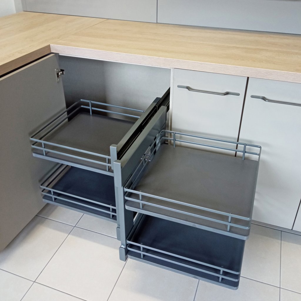 Aménagement de meuble d'angle réversible composé de 4 paniers en fil elliptique et fond bois pour meuble de 900mm - finition gris orion - profondeur 510mm - porte de 450mm minimum