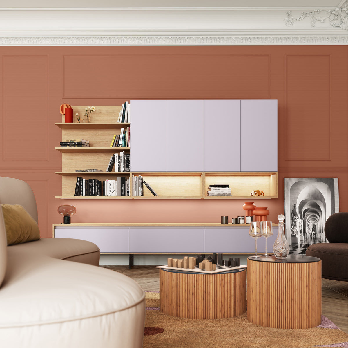 Meuble de salon Charles Rema terracotta et mauve grisé avec étagères en chêne AUTEUIL