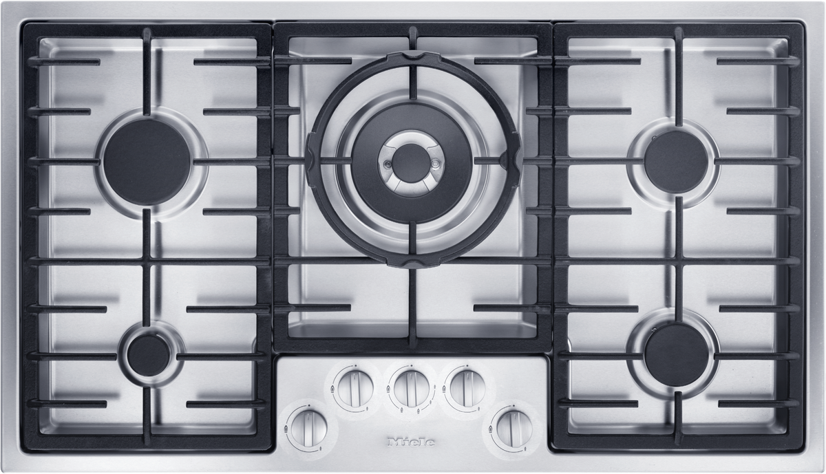 Table de cuisson au gaz Miele KM 2356-1 en inox vue de dessus, cinq brûleurs et supports en fonte