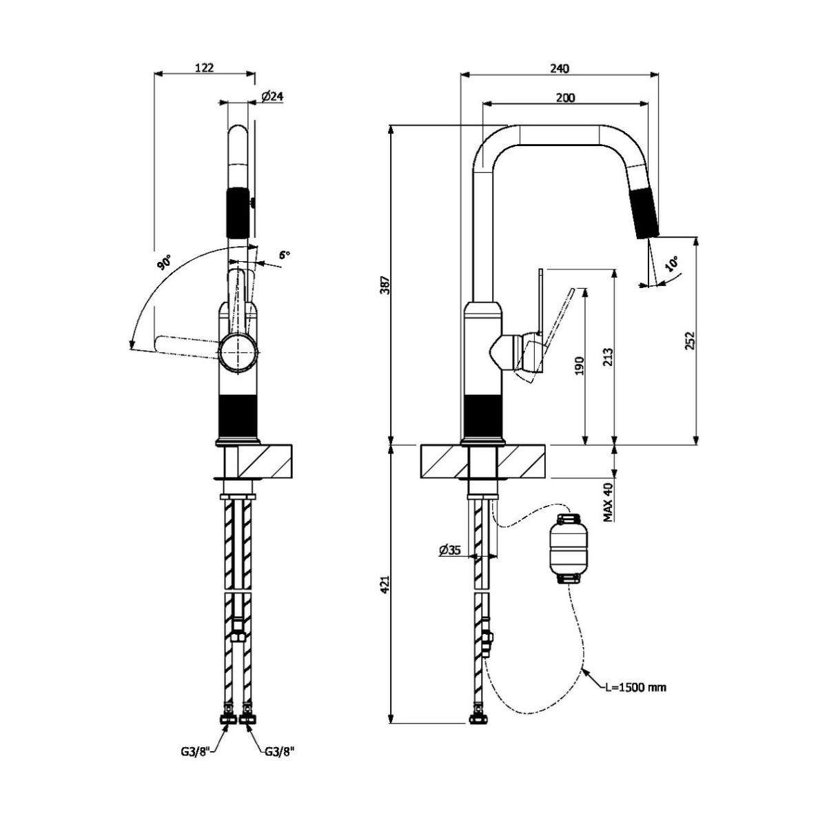 Mitigeur de cuisine Luisina, bec pivotant or avec douchette extractible double jet - RC678DO891