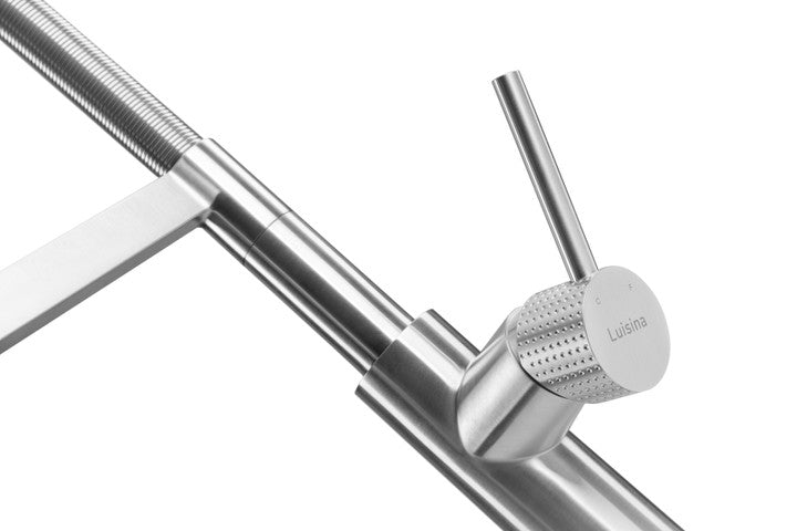 Mitigeur de cuisine Luisina, bec pivotant inox massif avec douchette mobile double jet - RC317DO055