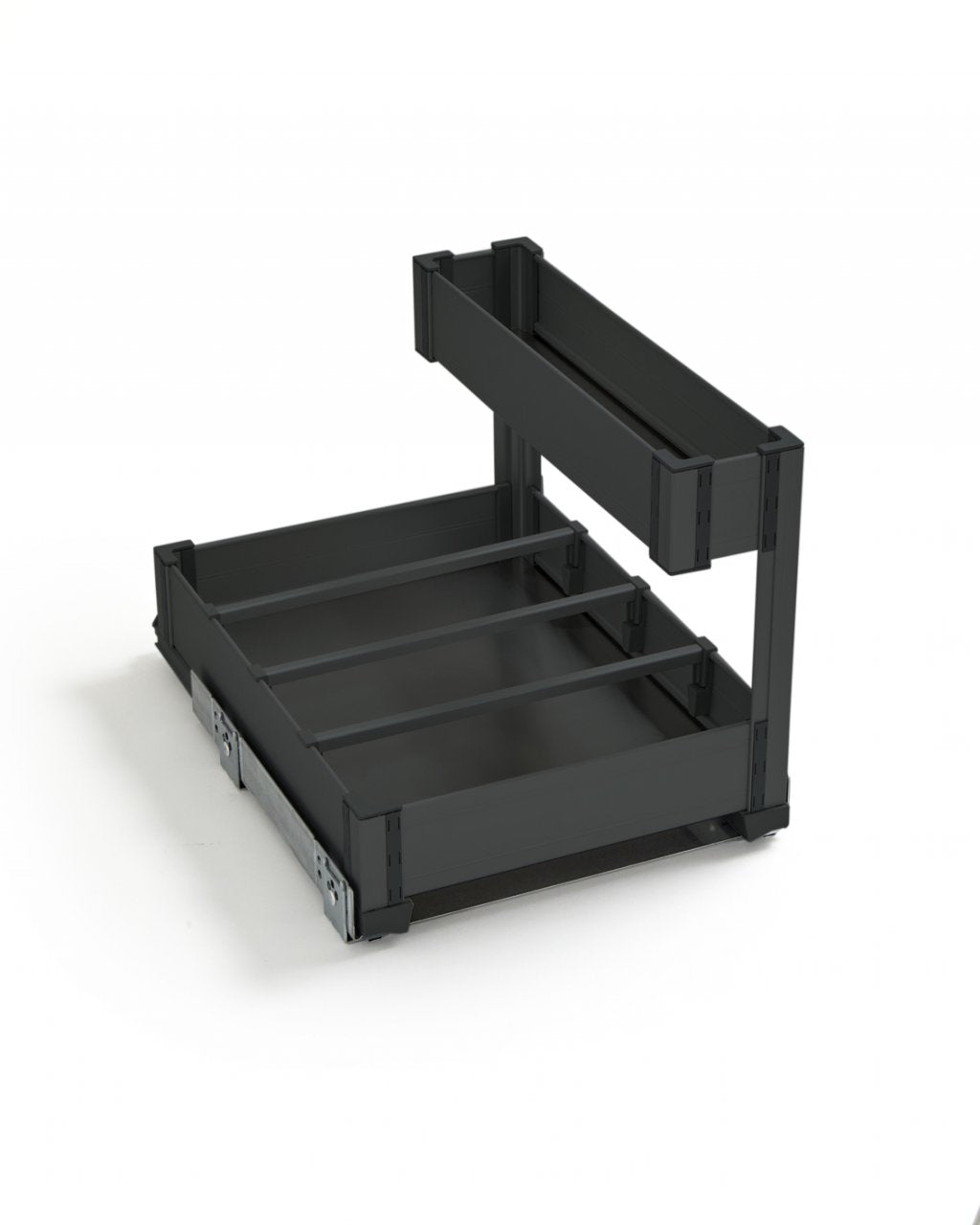 Aménagement sous-évier extractible tout en aluminium pour meuble de 400mm - fixation sur le fond du meuble - sortie totale avec système SOFT- Finition gris orion