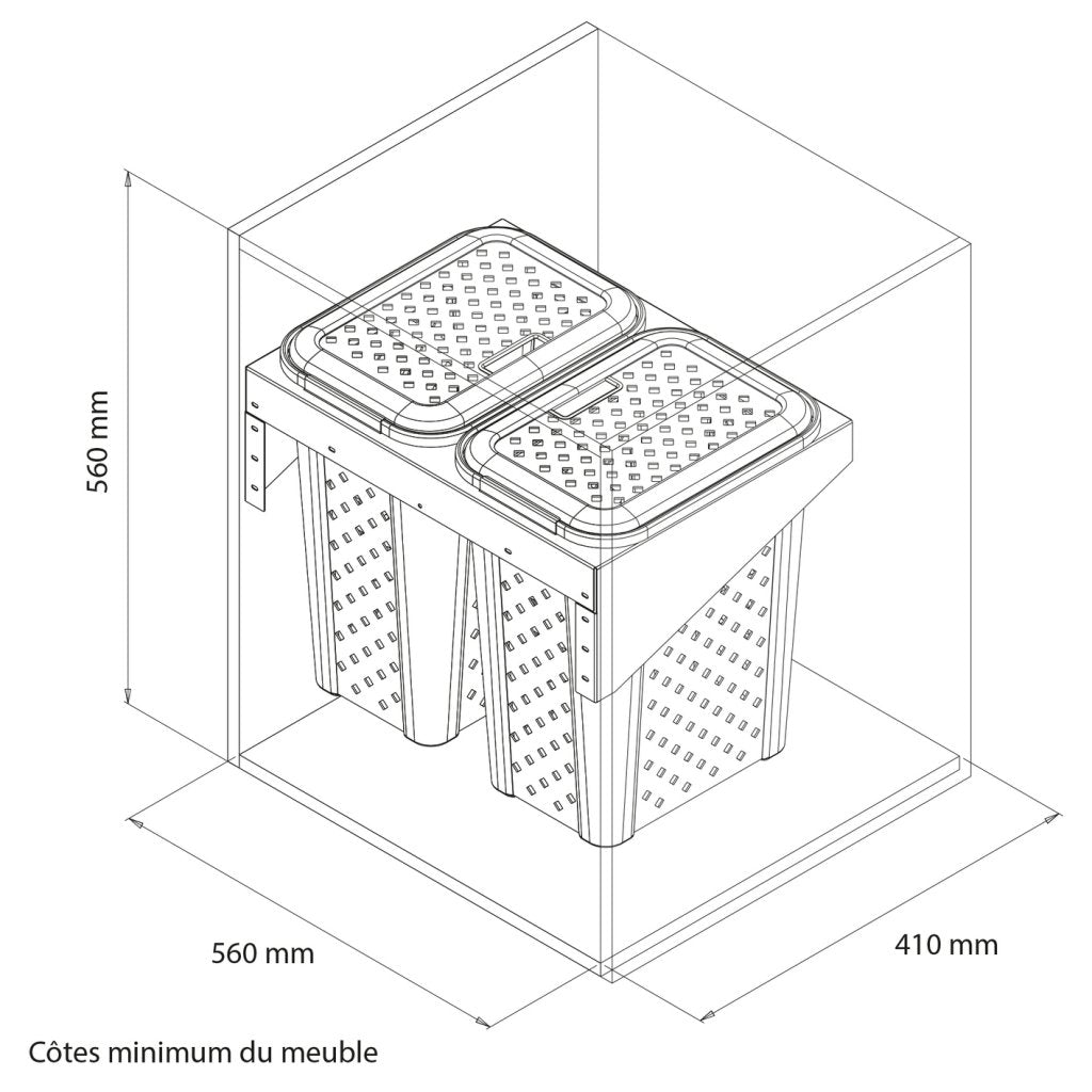 Panier à linge pour porte basculante de 600mm-Finition blanc et gris - 2 bacs plastiques (2X30L)