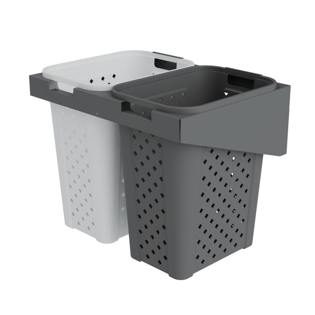Panier à linge pour porte basculante de 600mm-Finition blanc et gris - 2 bacs plastiques (2X30L)