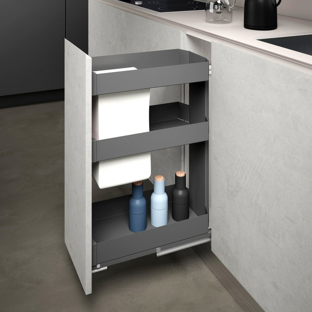 Panier pain-bouteilles pour meuble de 300mm - structure en métal laqué gris orion - sortie totale avec système SOFT- 3 étages