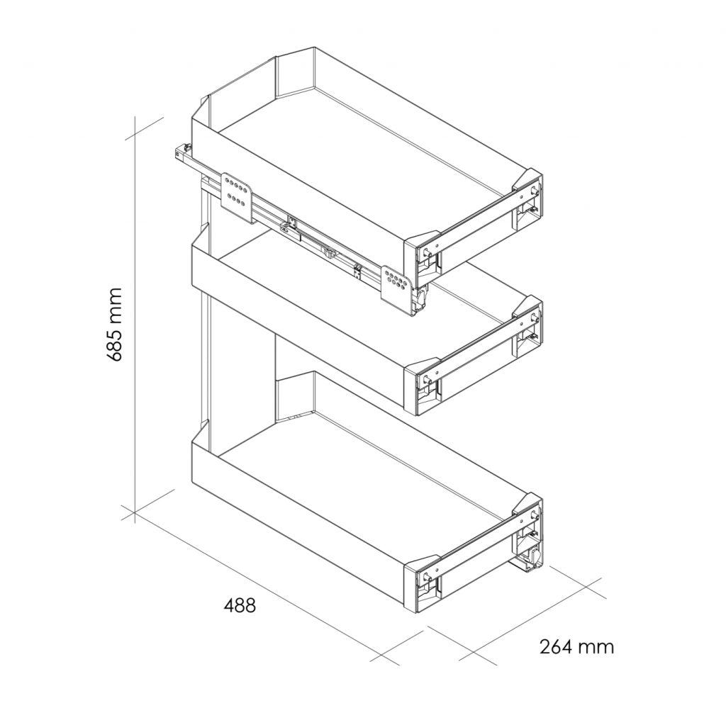 Paniers universels 3 étages en métal laqué pour meuble de 300mm - finition gris orion - sortie total avec système SOFT- 3 Etagères