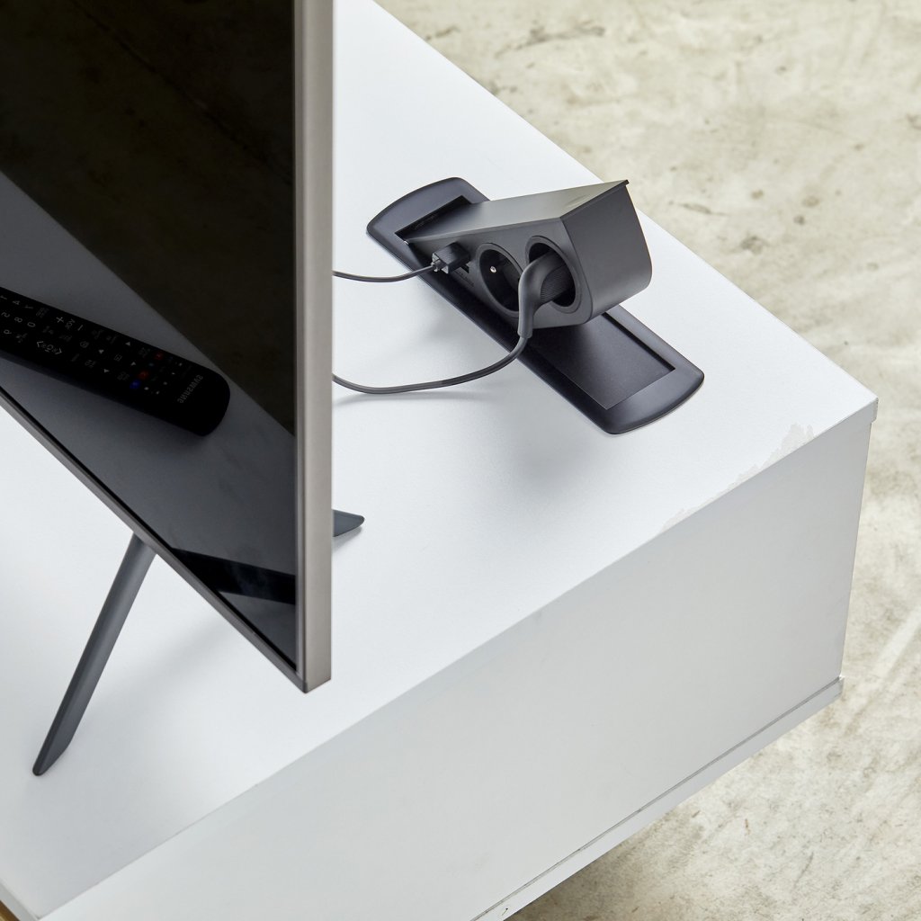 Bloc 2 prises + 2 USB (2A - 5V) CIZO affleurant à encastrer dans le plan de travail de 5 à 40mm (avec une réhausse incluse) - finition noir mat (RAL 9005) - 16 A - 230V - 2P+T