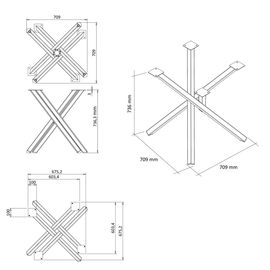 Pied central STAR- H.736mm- Pour plateau rond de diamètre 1000mm ou rectangulaire de 1400x800mm- Finition noir mat