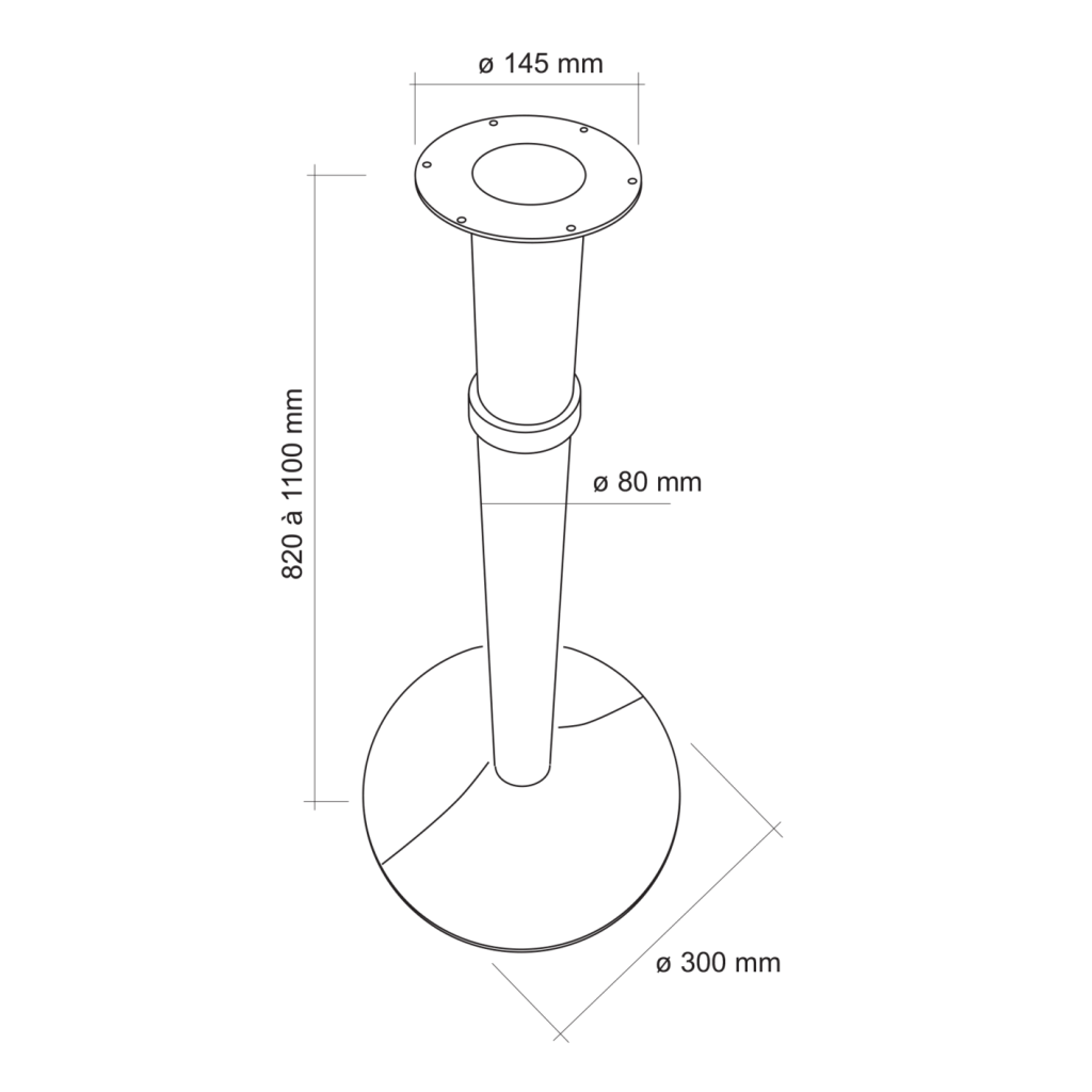 Pied de snack rond télescopique en acier - diamètre de 80mm - hauteur de 820 à 1100mm - finition noir mat