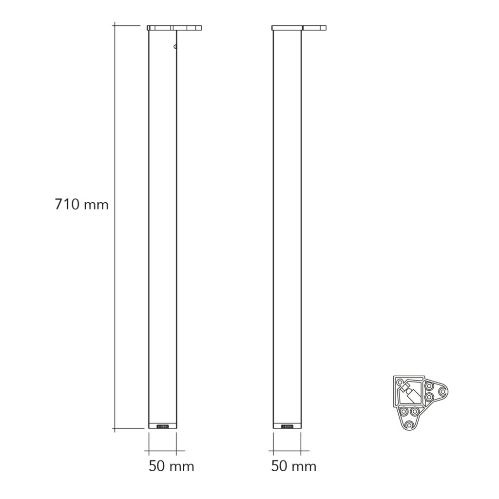 Pied de table et de snack carré en acier - 50 x 50 mm- hauteur 710mm - finition blanc mat (RAL9010)