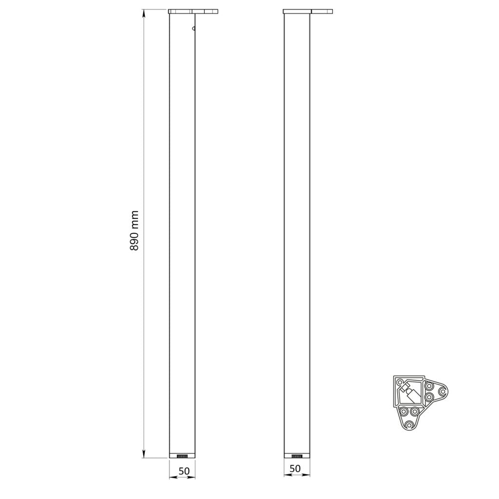 Pied de table et de snack carré en acier - 50 x 50mm - hauteur 890mm - finition inox brossé