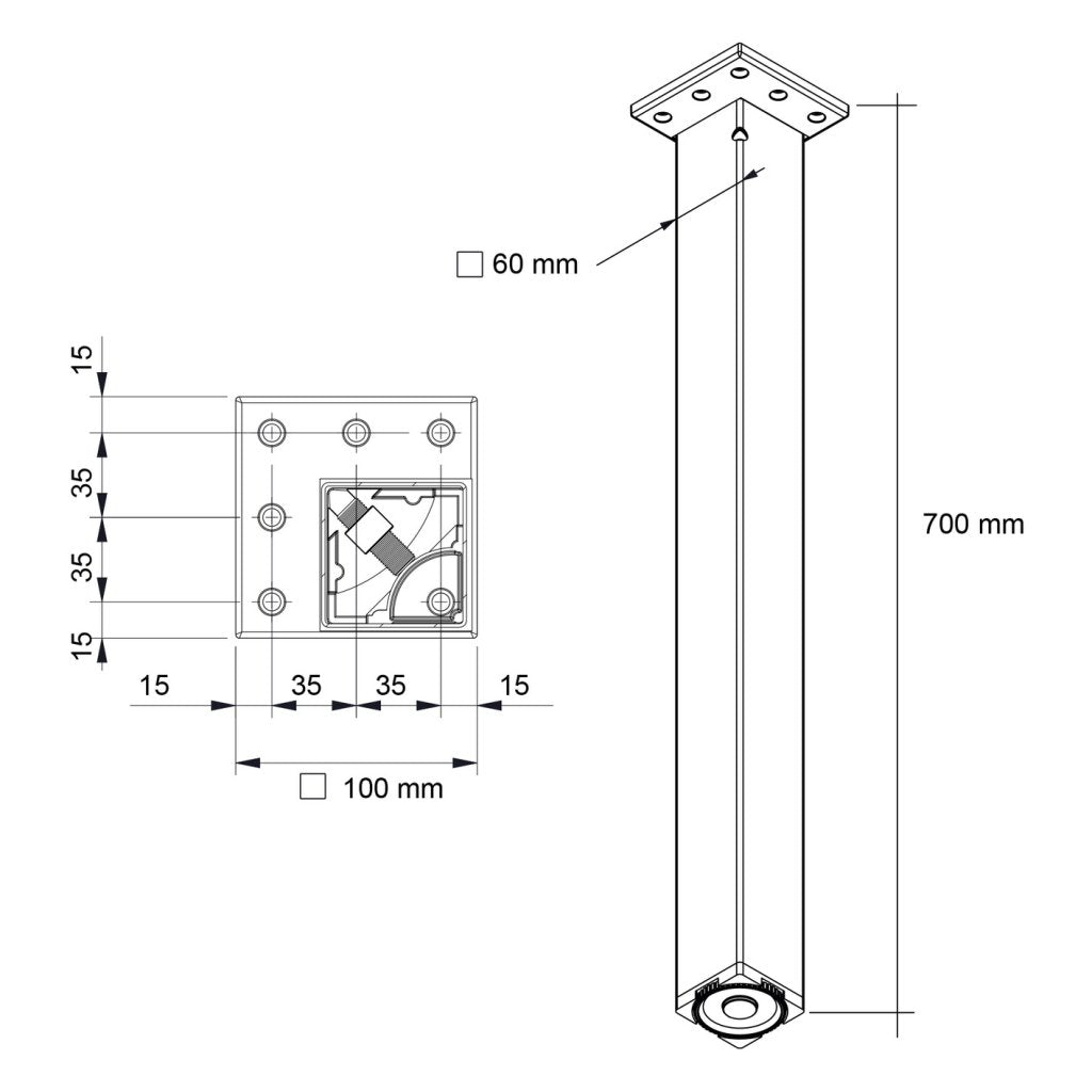 Pied de table et de snack carré en acier - 60 x 60mm - hauteur 700mm - finition blanc mat (RAL9003)