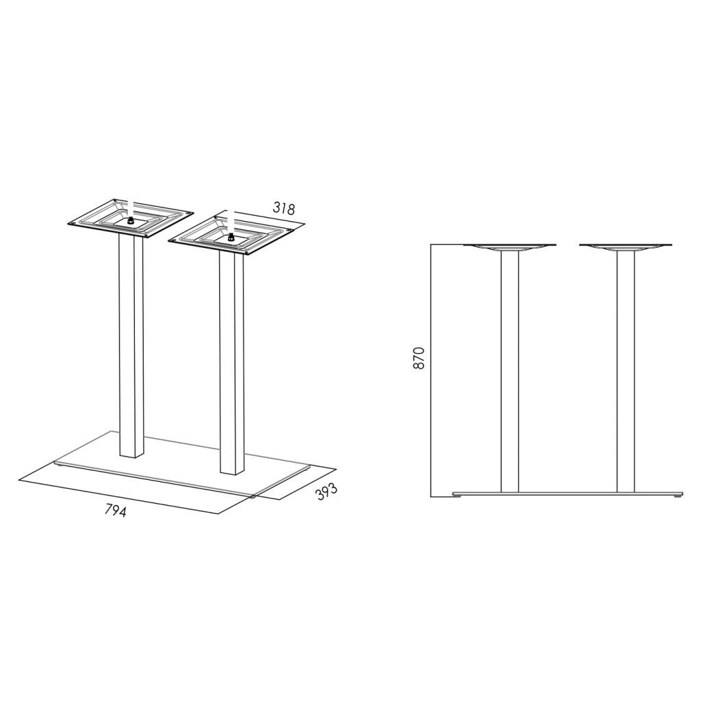 Pied double central carré en acier - H. 870mm - finition noir mat