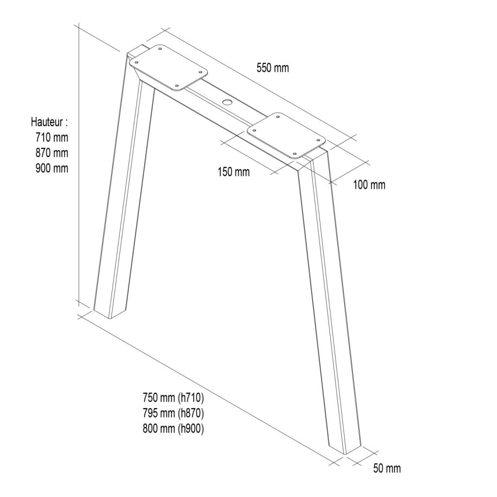 Pied MONTANA - largeur haute : 550mm - largeur basse : 800mm - hauteur 900mm - finition noir mat (RAL9005)