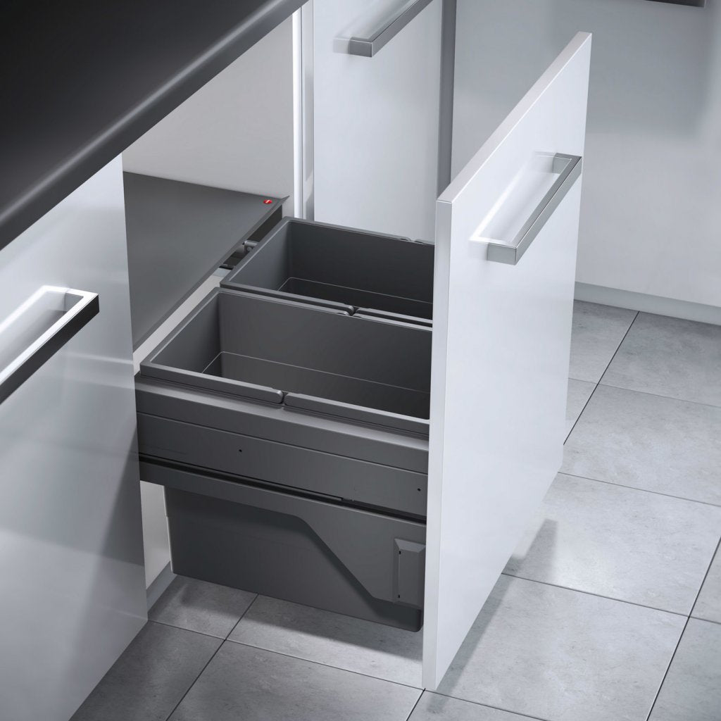 Poubelle pour meuble de 600mm composée de 2 bacs : 2 x 28L et d'1 couvercle fixe - l. 562 à 568 x P. 448 x H. 375mm - ouverture manuelle avec système SOFT-Gris orion