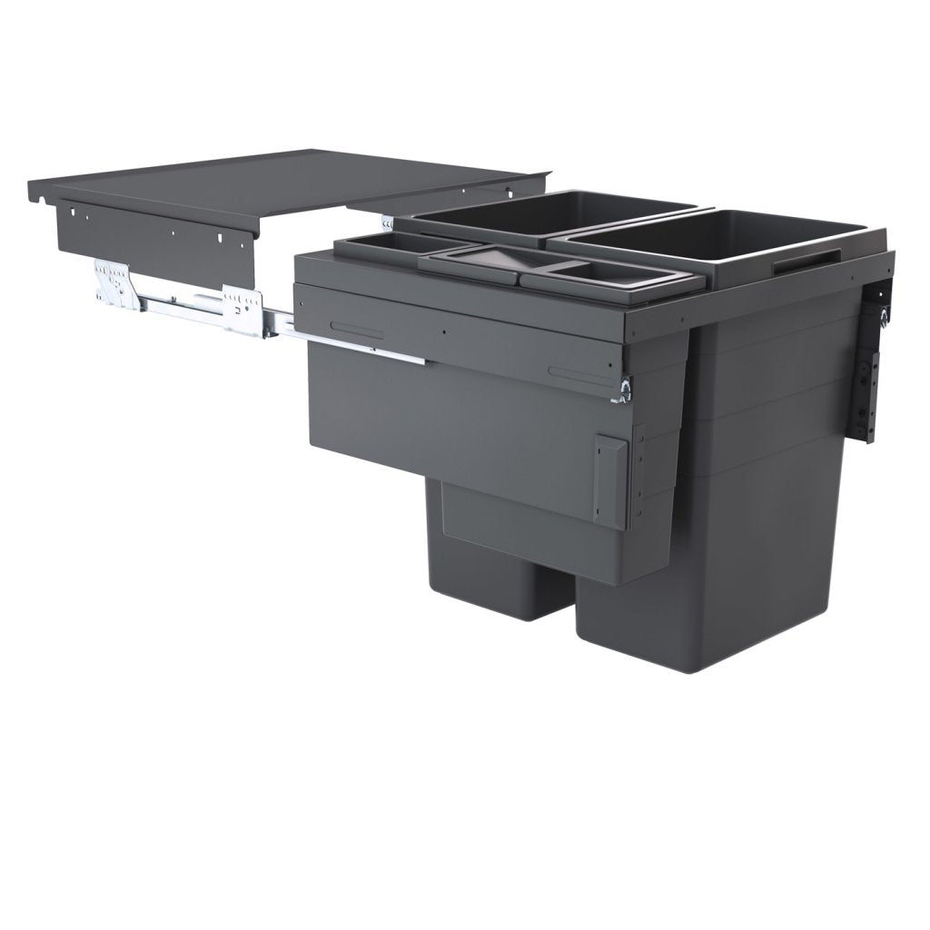 Poubelle grande capacité pour meuble de 600mm composée de 4 bacs avec couvercles : 2 x 38L + 1 x 12L + 1 x 2,5L - gris orion - H. 545mm - ouverture manuelle avec système SOFT