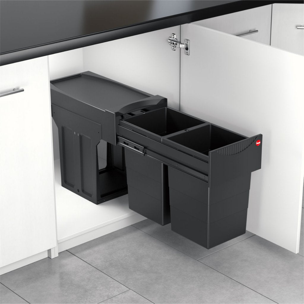 Poubelle pour meuble de 300mm composée de 2 seaux de 15L - l. 251 x P. 482 x H. 400mm - ouverture manuelle- Finition noire