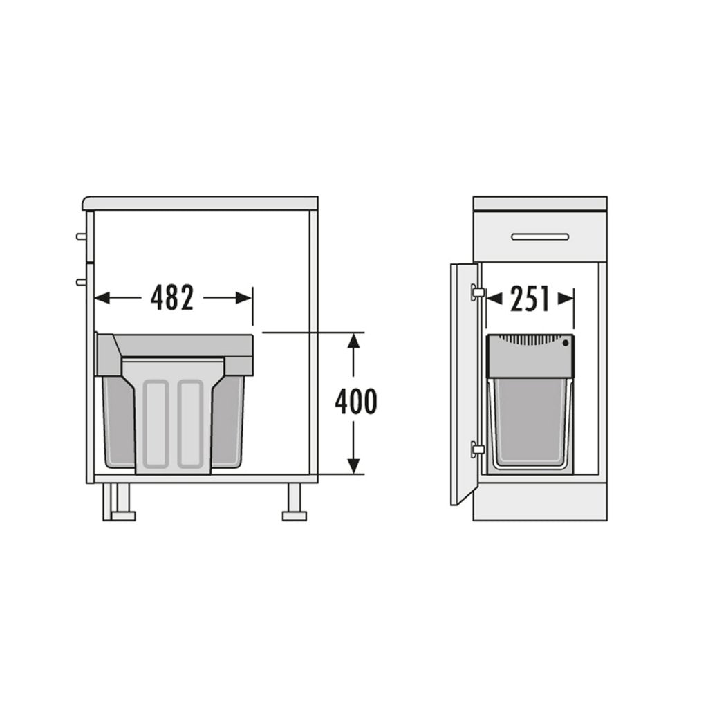 Poubelle pour meuble de 300mm composée de 2 seaux de 15L - l. 251 x P. 482 x H. 400mm - ouverture manuelle- Finition noire
