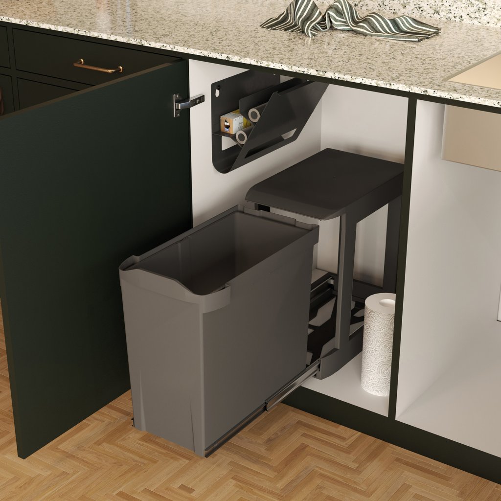 Poubelle pour meuble de 400mm composée d'1 seau de 30L - l.260mm x P. 452 x H. 442mm - ouverture automatique-Gris orion