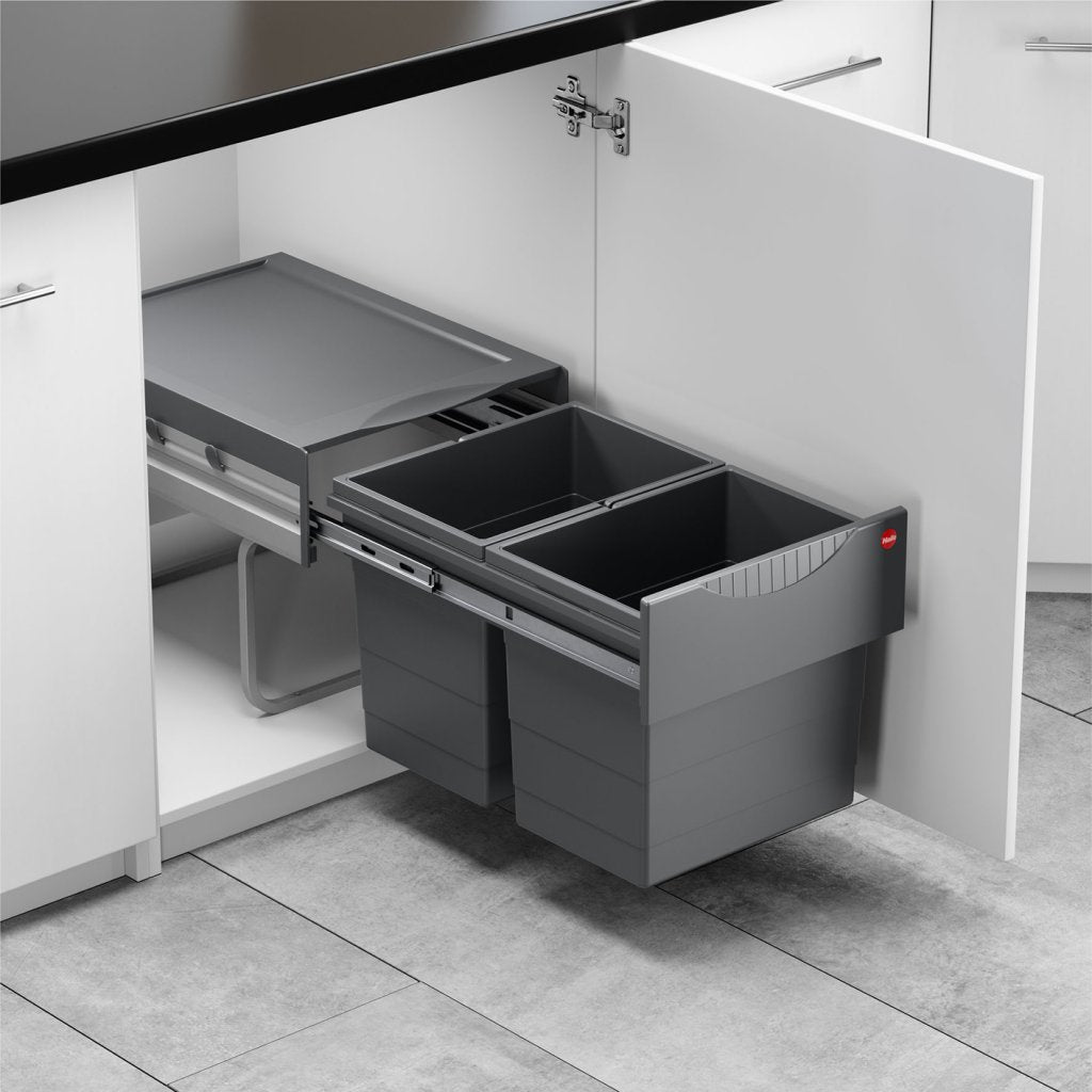 Poubelle pour meuble de 400mm composée de 2 seaux de 18L - l. 346 x P. 475 x H. 336mm - ouverture manuelle- Gris foncé