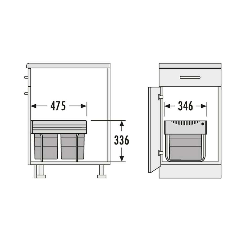 Poubelle pour meuble de 400mm composée de 2 seaux de 18L - l. 346 x P. 475 x H. 336mm - ouverture manuelle- Gris foncé