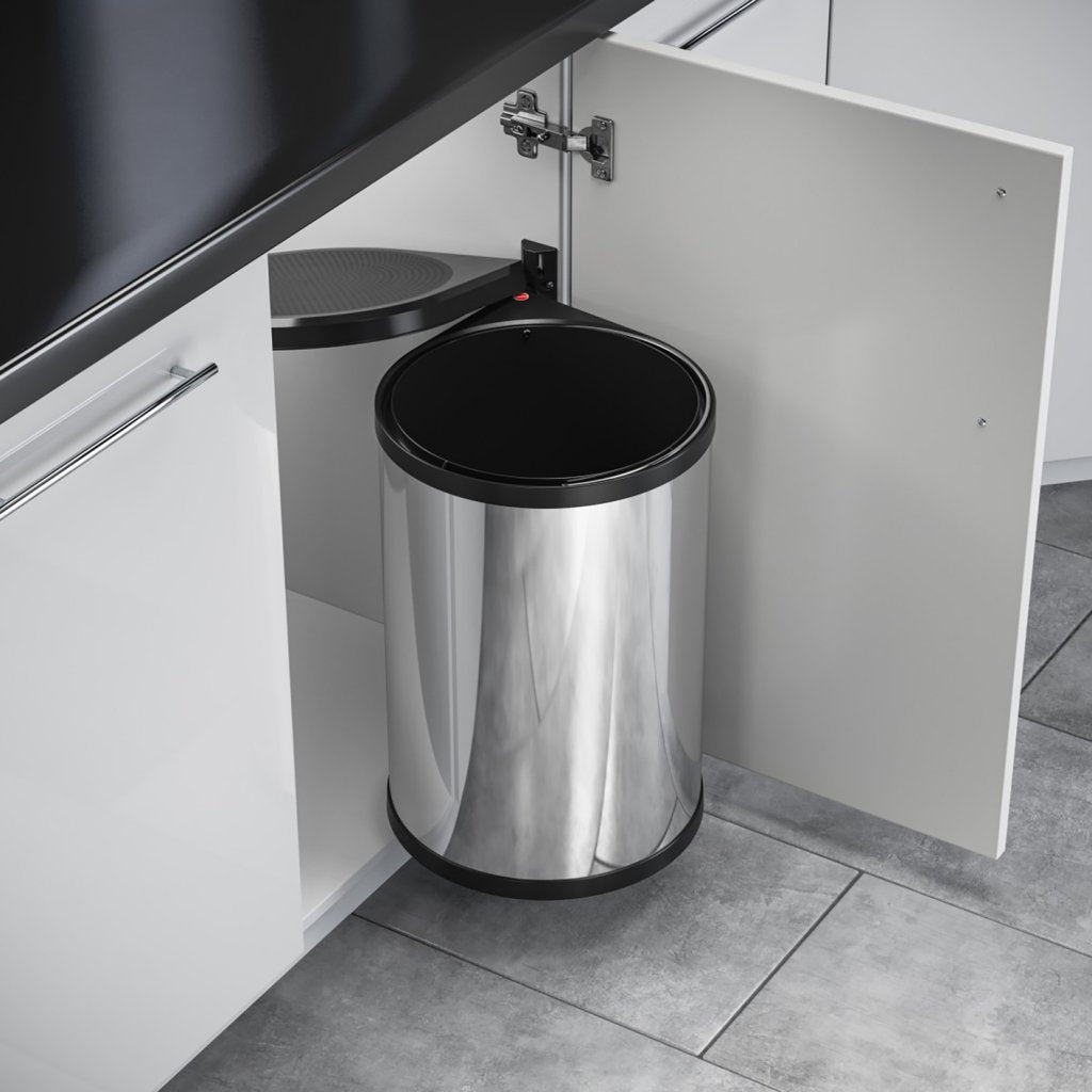 Poubelle ronde automatique en inox et noir de 20L - l. 304 x P.304 x H.456 à 476mm - fixation sur porte et caisson - pour meuble de 400mm - MSA B381