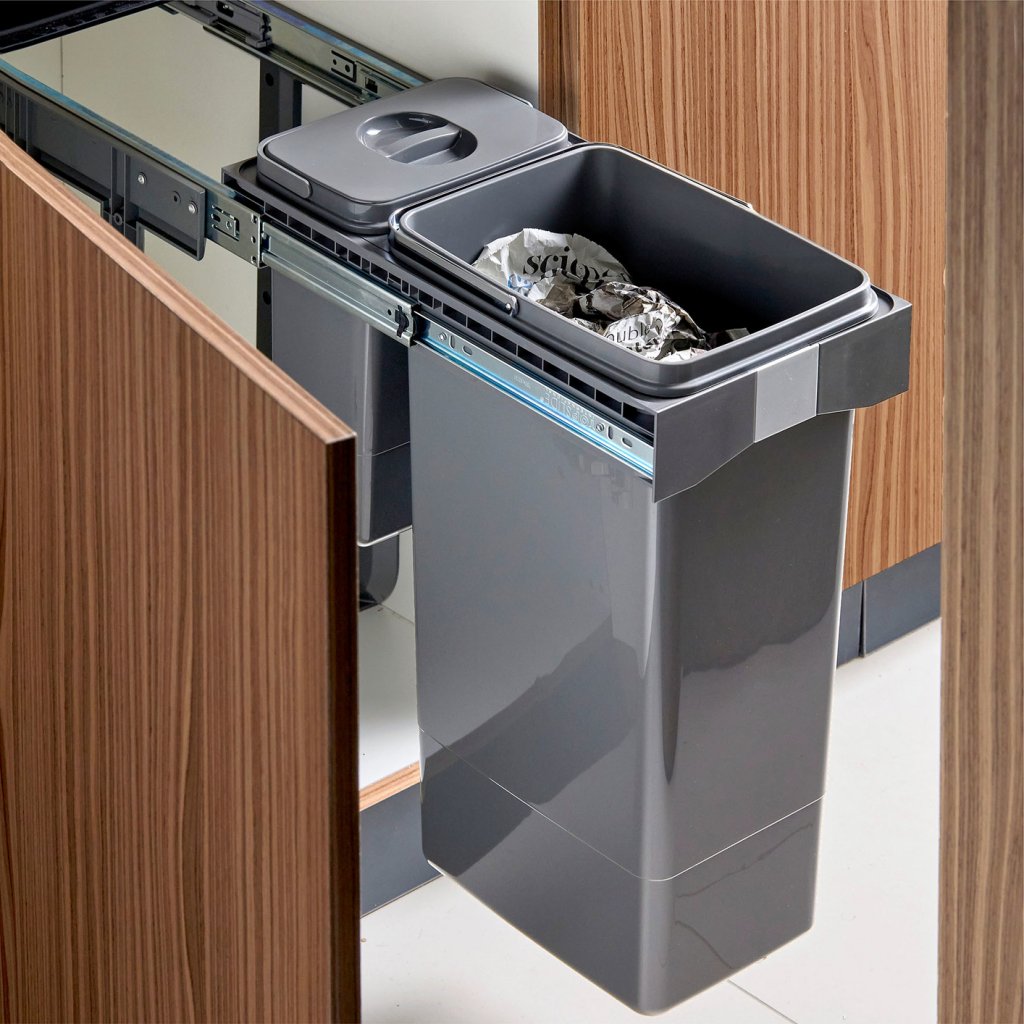 Poubelle sous évier pour meuble de 300mm- Composée de 2 seaux de 26L + 7L- Ouverture manuelle - Gris orion