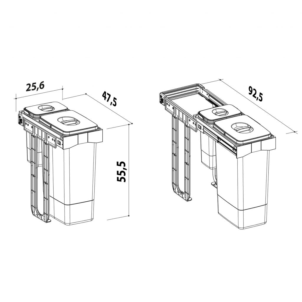 Poubelle sous évier pour meuble de 300mm- Composée de 2 seaux de 26L + 7L- Ouverture manuelle - Gris orion