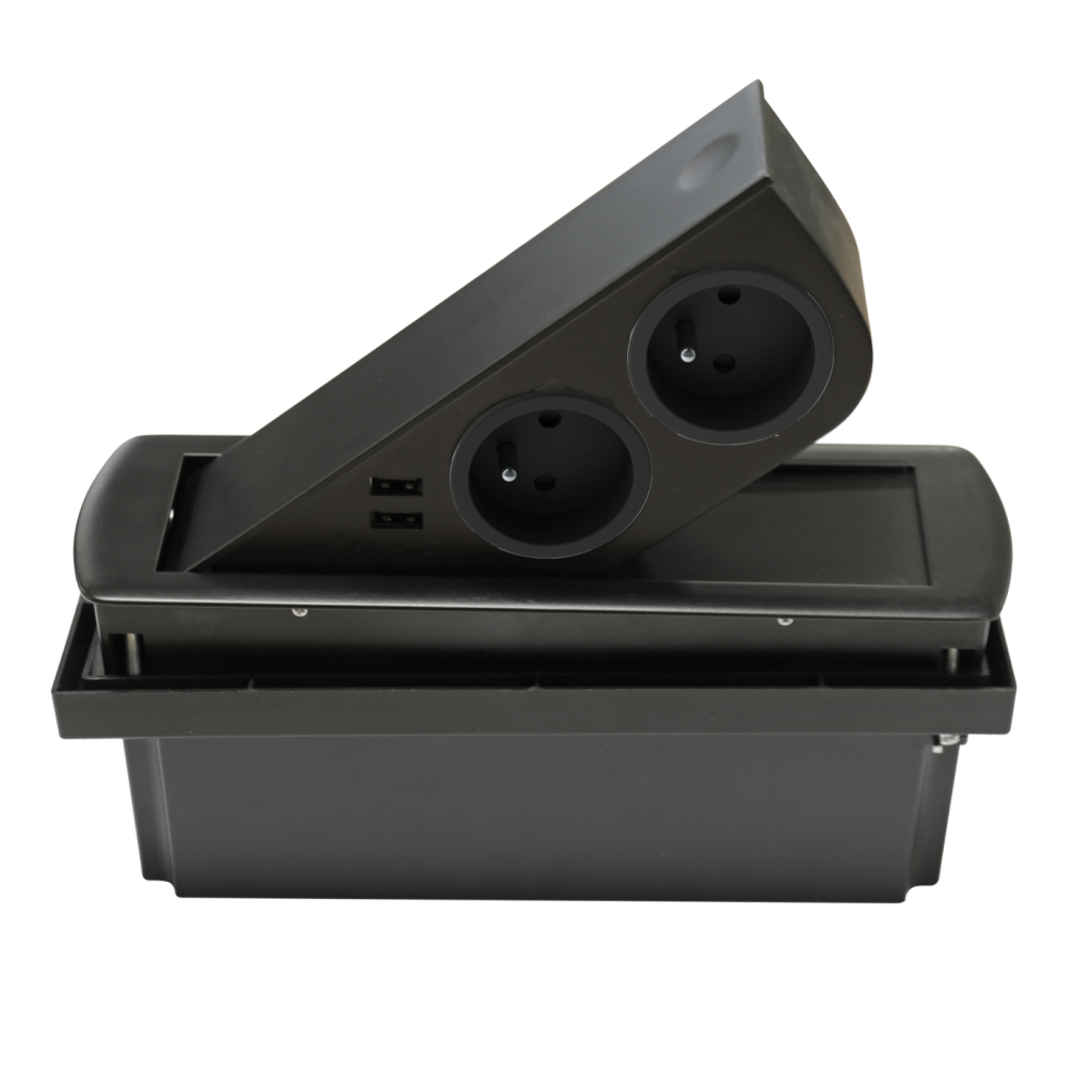 Bloc 2 prises + 2 USB (2A - 5V) CIZO affleurant à encastrer dans le plan de travail de 5 à 40mm (avec une réhausse incluse) - finition noir mat (RAL 9005) - 16 A - 230V - 2P+T