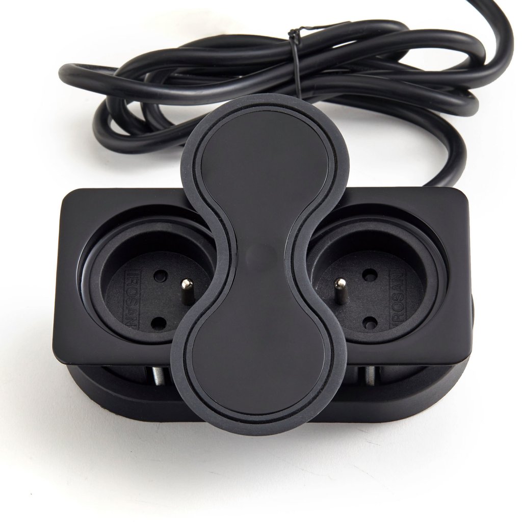 Bloc 2 prises EIGHT IP44 rectangulaire affleurant à encastrer dans un plan de travail de 5 à 40mm - finition noir mat - 16A - 230V - 2P+T