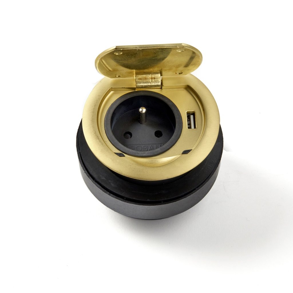 Bloc prise + USB (1A - 5V) affleurant RING à clapet avec système d'assistance à l'ouverture et à la fermeture à encastrer dans un plan de travail de 5 à 45mm - finition or mat- 16A - 230V - 2P+T