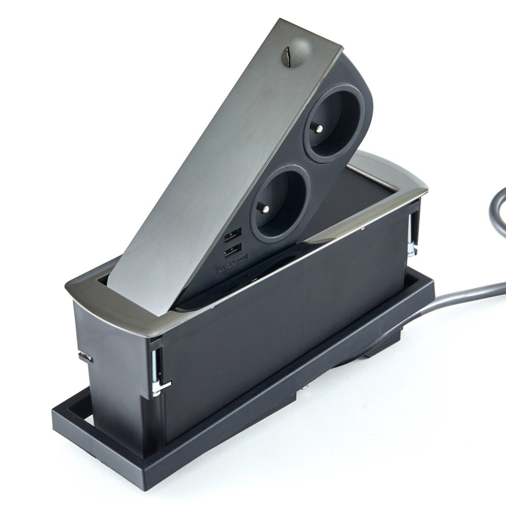 Bloc 2 prises + 2 USB (2A - 5V) CIZO affleurant à encastrer dans le plan de travail de 5 à 40mm (avec une réhausse incluse) - finition chrome noir - 16 A - 230V - 2P+T