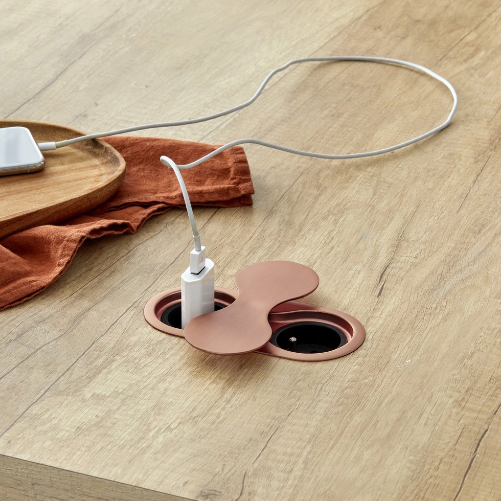 Bloc 2 prises EIGHT affleurant à encastrer dans un plan de travail de 5 à 40mm - finition cuivre mat - 16A - 230V - 2P+T