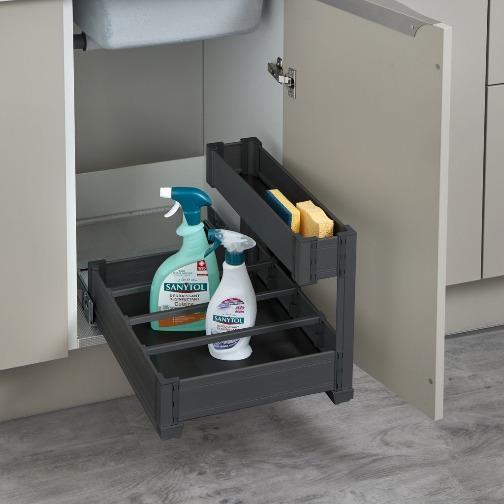 Aménagement sous-évier extractible tout en aluminium pour meuble de 400mm - fixation sur le fond du meuble - sortie totale avec système SOFT- Finition gris orion