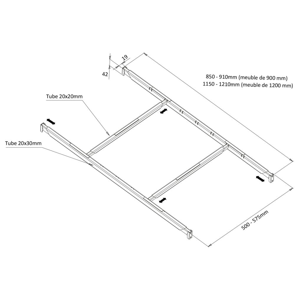 Renfort de plan de travail FORZA+ -Kit composé de 2 Longerons, 2 Traverses et 4 supports- Pour meuble de 900mm-Finition acier zingué