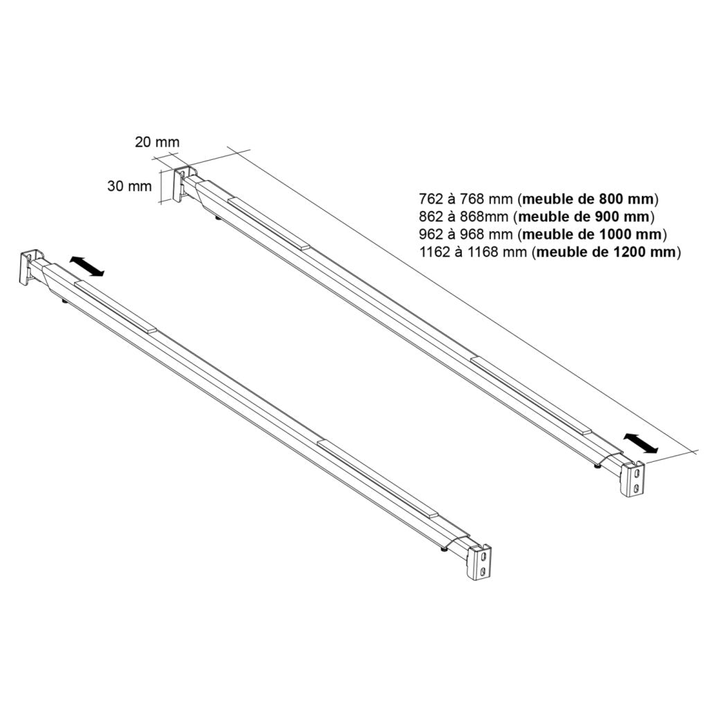 Renfort de plan de travail FORZA- Kit composé de 2 longerons, 4 supports- Pour meuble de 1200mm-Finition acier zingué